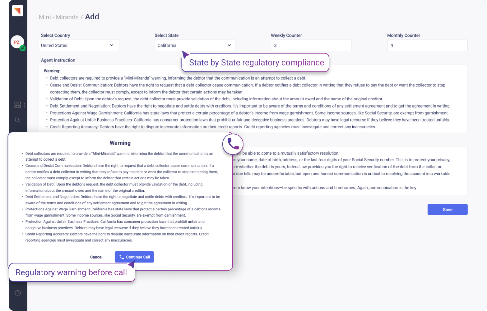 maxyfi | debt collection software Reg F & compliance and Regulatory warning before call